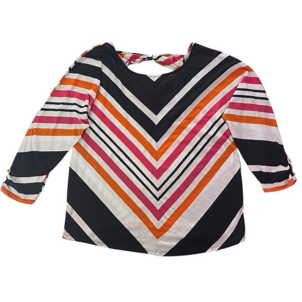 ERM London Large Top Striped Chevron Tie Back 3/4 Sleeve Button Detail Blouse